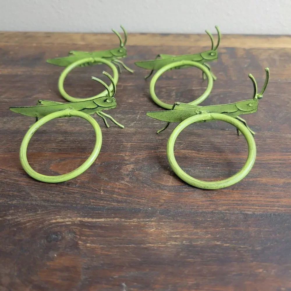 Pier 1 Imports Grasshopper Napkin Rings Set of 4 Metal Green Vintage Decor Box